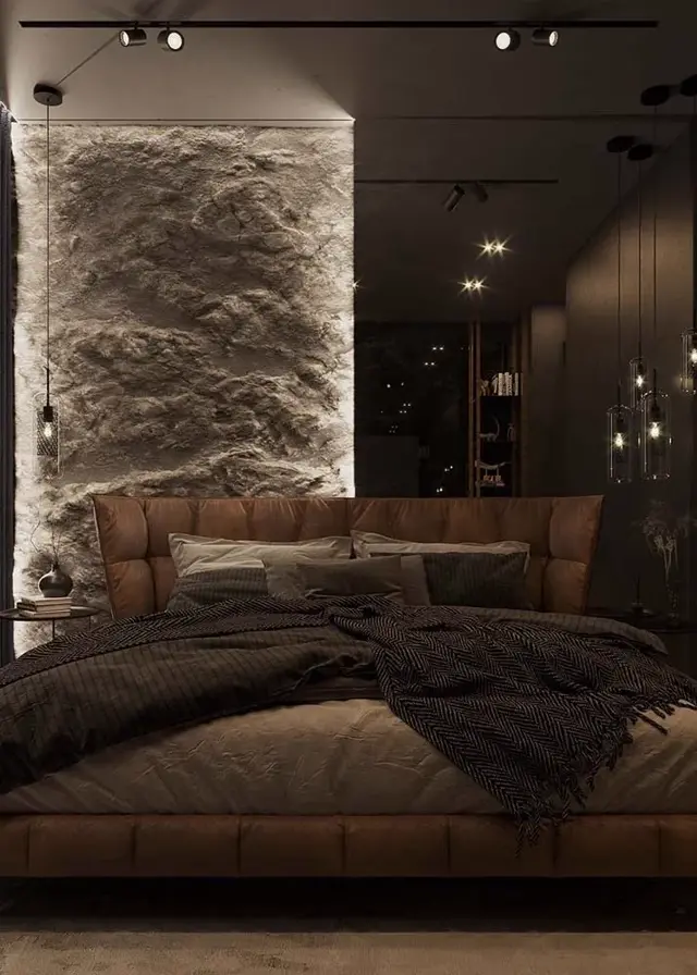 Parede de pedra artificial em quarto com iluminação de destaque